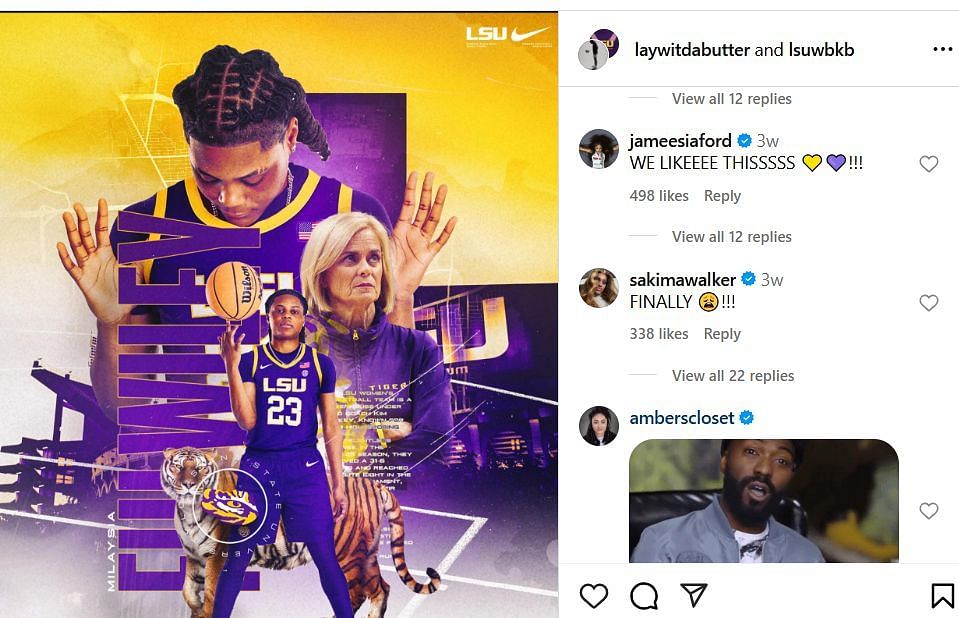 JaMeesia Ford reacts to GF MiLaysia Fulwiley joining LSU on IG. Image via @laywitdabutter